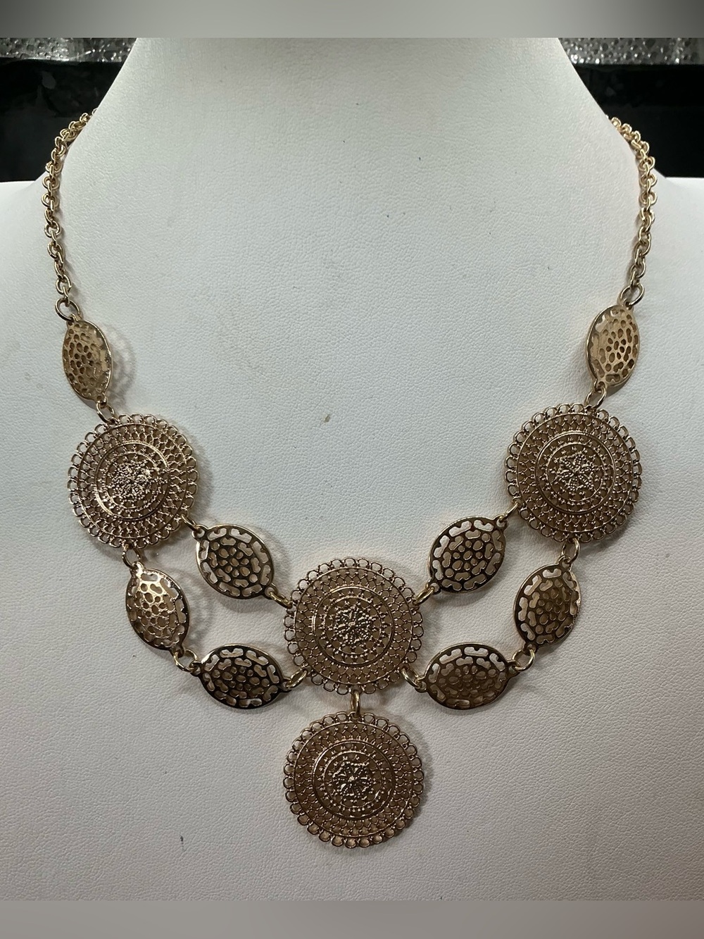 CHARMING CHARLIE BIB STYLE GOLD TONE MEDALLION STATEMENT NECKLACE